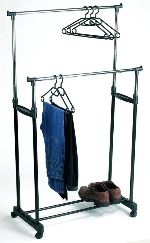 Perel Kledingrek op wieltjes, 2 stangen, verstelbare hoogte 110-170 cm, 80 x 43 x 170 cm, max. last 25 kg, metaal