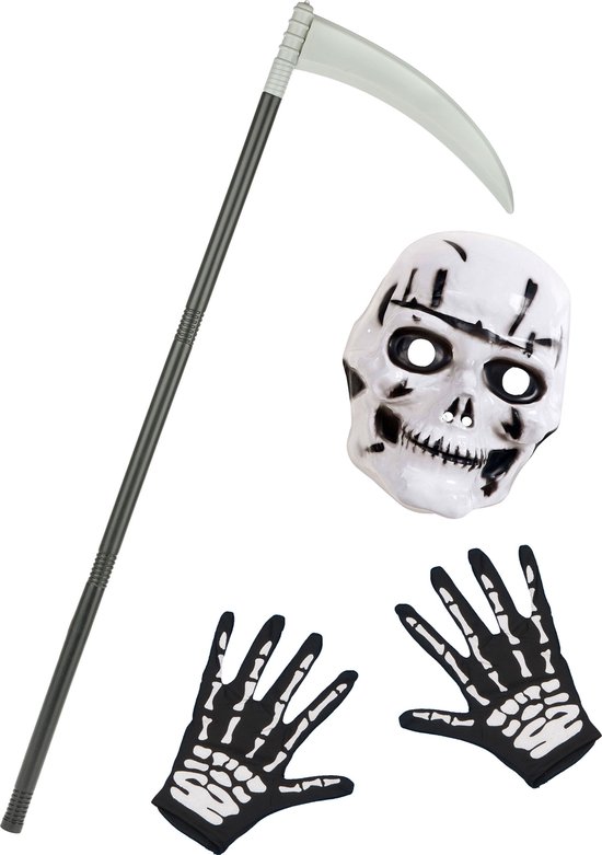 Grim Reaper kostuum: zeis, schedelmasker en handschoenen met skeletprint.