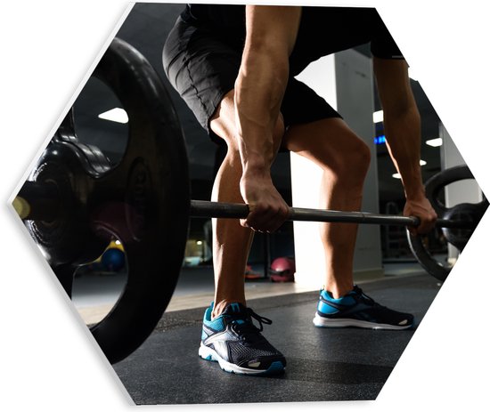 PVC Schuimplaat Hexagon - Mens - Spieren - Schoenen - Oefening - Sporten - Fitness - Sportschool - Gewichten - 30x26.1 cm Foto op Hexagon (Met Ophangsysteem)