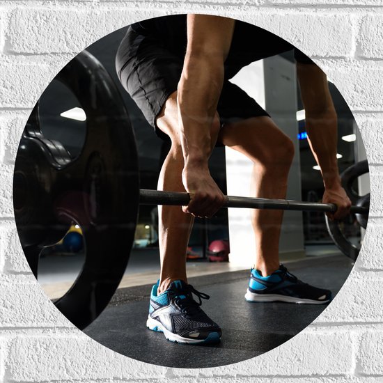 Muursticker Cirkel - Mens - Spieren - Schoenen - Oefening - Sporten - Fitness - Sportschool - Gewichten - 50x50 cm Foto op Muursticker