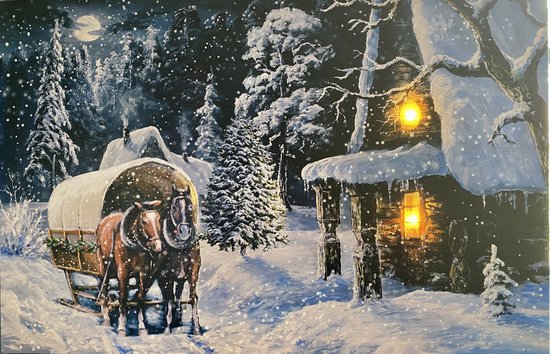 Schilderij groot met ledverlichting - Canvas op houten frame - Paarden met huifkar in sneeuwlandschap - 2 x LED + 30 x Fiberverlichting - 60x40cm - Kerstdorp