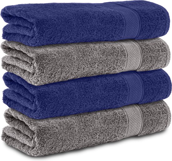 Komfortec Handdoekenset 4x Handdoek 50x100 cm - 100% Katoen - Antracietgrijs&Blauw