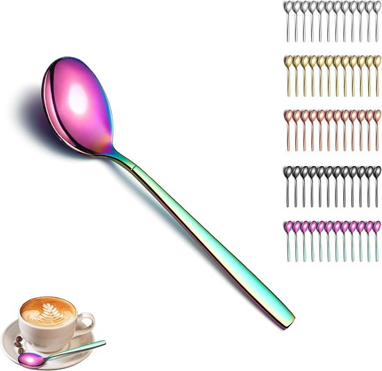 Kyraton Regenboog theelepels 6 stuks, 14 cm roestvrij staal titanium plating regenboog koffielepels espressolepels, dessertlepels theelepels, kleine mini-lepels set voor feesten