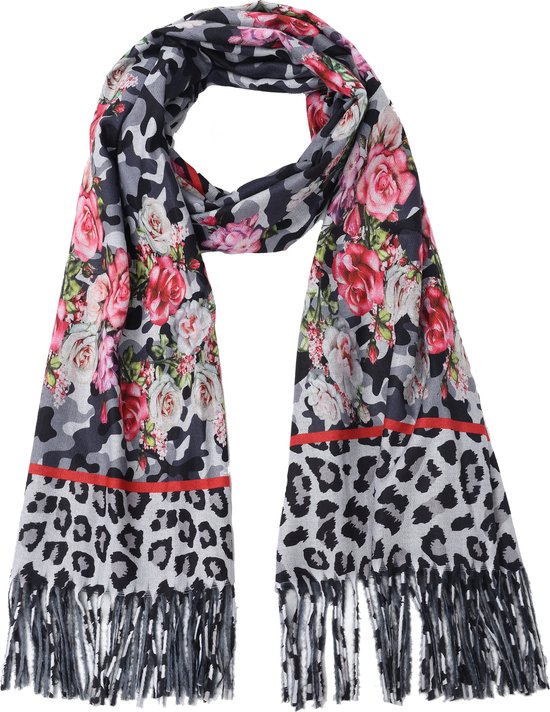 Nouka Grijze Multicolor Dames Sjaal– Warme & Lichte Sjaal – Panterprint– Bloemenprint– Herfst / Winter – met Franjes – 70 x 180 cm