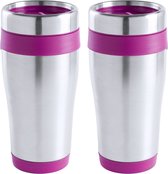 Tasse chauffante/tasse à café/tasse isotherme thermos - 2x - Acier inoxydable - argent/rose - 450 ml - Mug de voyage