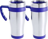 Warmhoudbeker/thermos isoleer koffiebeker/mok - 2x - RVS - zilver/blauw - 450 ml - Reisbeker
