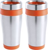 Warmhoudbeker/thermos isoleer koffiebeker/mok - 2x - RVS - zilver/oranje - 450 ml - Reisbeker