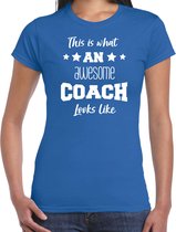 Bellatio Decorations cadeau t-shirt voor dames - awesome coach - coach bedankje - blauw XS