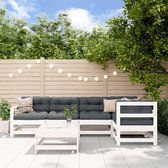 The Living Store Loungeset Grenenhout - Wit - 2x middenbank - 3x tuinstoel - 1x voetenbank/salontafel
