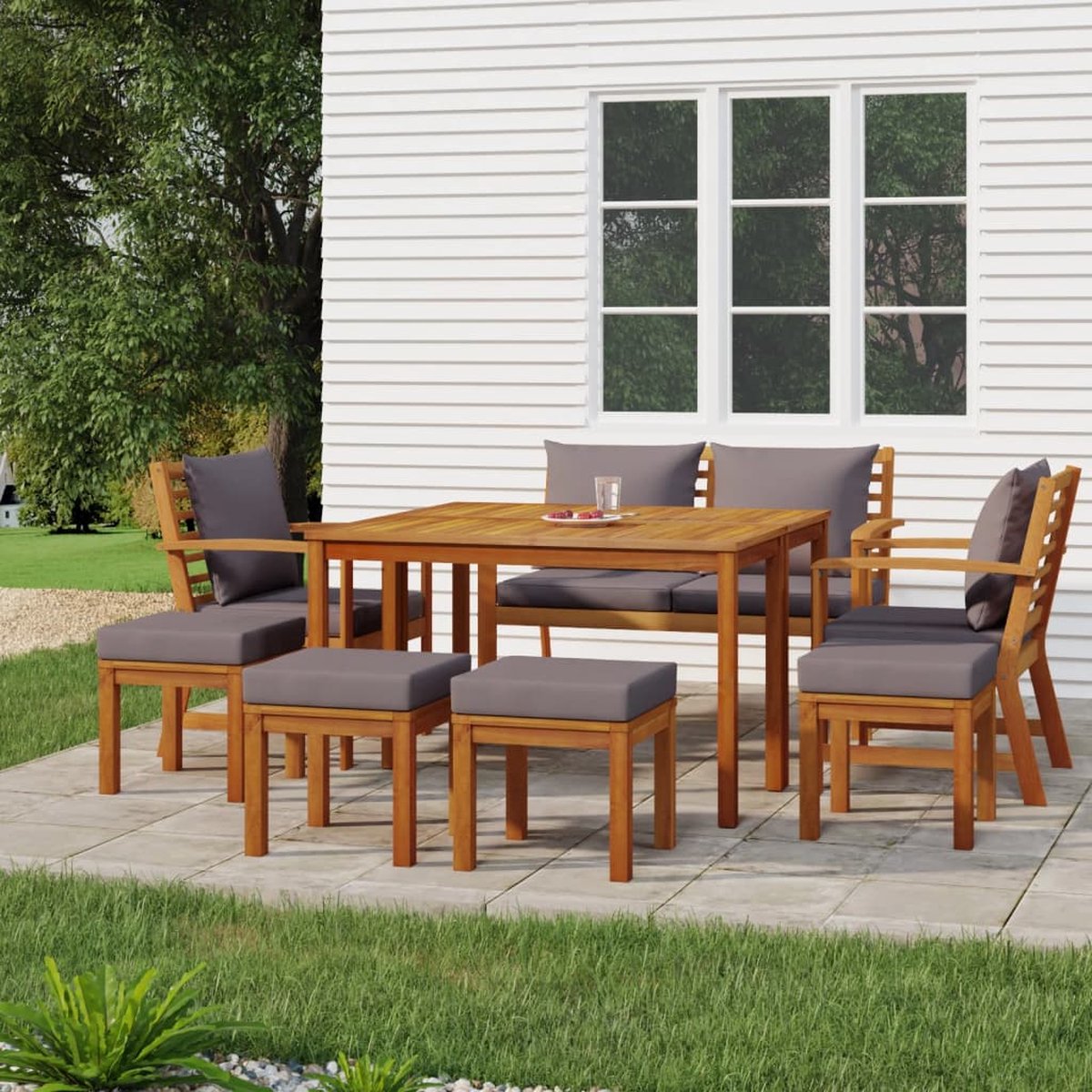 The Living Store 9-delige Tuinset met kussens massief acaciahout - Tuinmeubelen - Acacia Hout - Eetkamerset - Buitendecoratie - Lounge Set