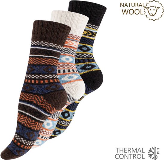 3 paar Noorse wollen sokken - Hygge - Gemixt - Marineblauw/Ecru/Bruin - Maat 43-46