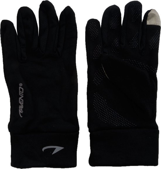 Zwarte sporthandschoenen van Avento. Op de palm en vingers een grijze antislipprint. Touchscreen compatibele vingertoppen.