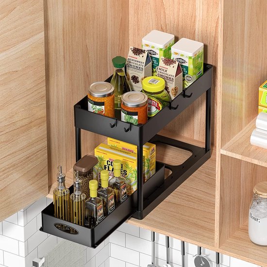 Keuken Badkamer Opbergrek YunNasi Opslag Onder De Gootsteen, 2 Niveaus, Metalen Keukenorganizer, Uittrekbare Kruidenrek (wit, Model-B 2-laags Opbergrek Metaal
