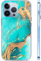Hoozey - Hoesje geschikt voor Apple iPhone 15 Pro Max - Watercolor print - Turquoise / Goud