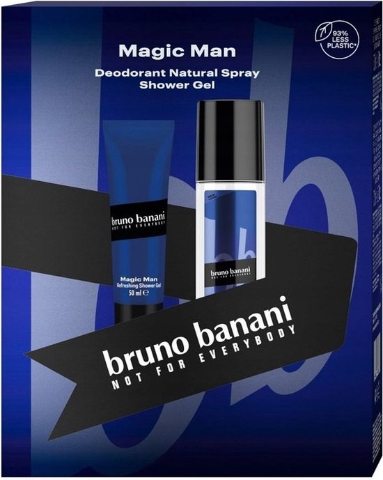 Bruno Banani Magic Man cadeauset met een blauwe deodorant spray en een blauwe douchegel tube.