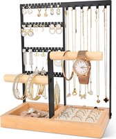 Sieradenstandaard sieradenhouder, kettingstandaard sieraden, 4-bar sieradenstandaard, kettingstandaard sieraden, sieradenstandaard hout voor kettingen, ringen, armbanden, horloges, zwart