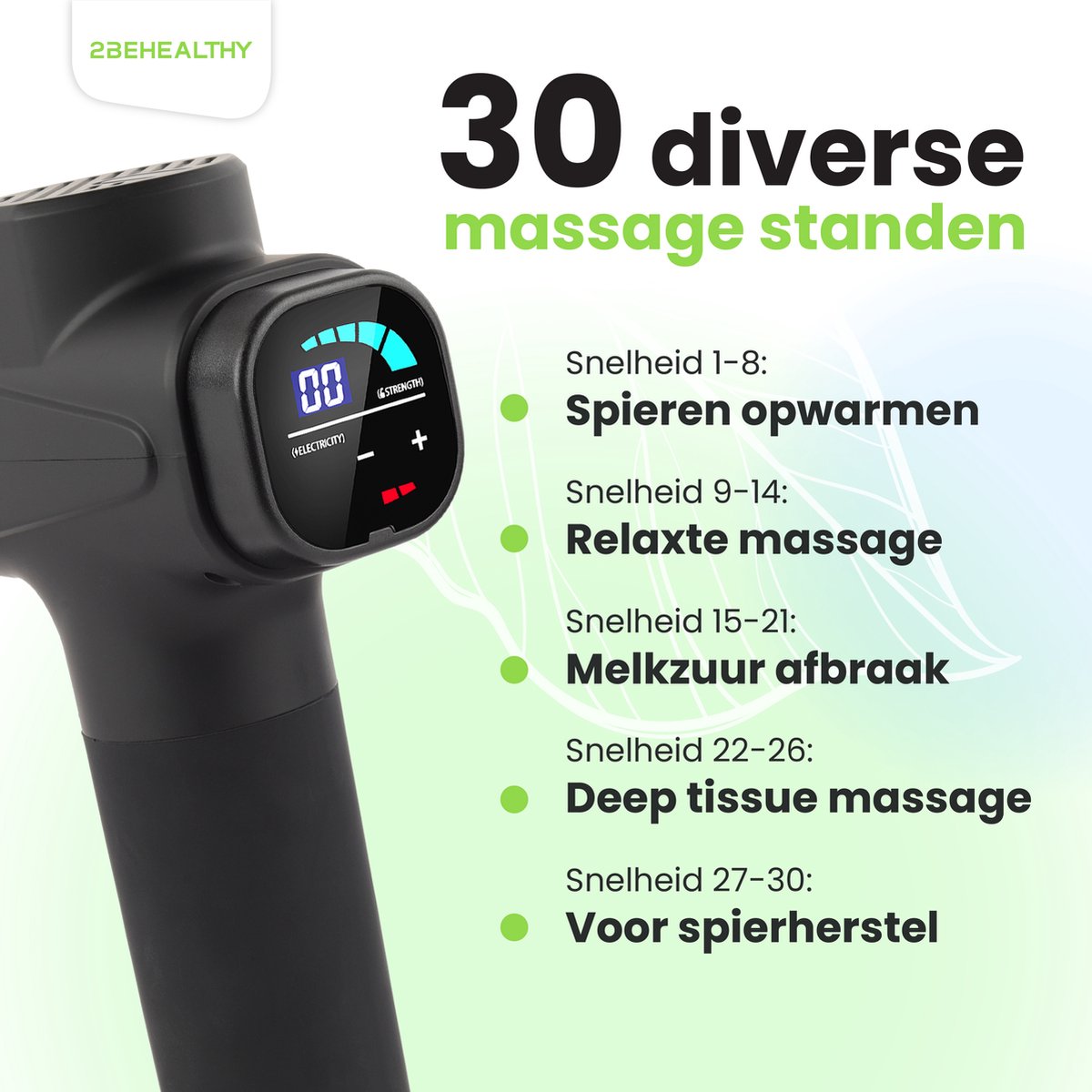 Afbeelding 3 van 2BEHEALTHY Massage Gun Professioneel - Incl. 6 Opzetstukken - 30 Massage Standen - Massage Pistool - Massage Apparaat - Massagegun - Spier Massage - Spieren & Gewrichten - Zwart