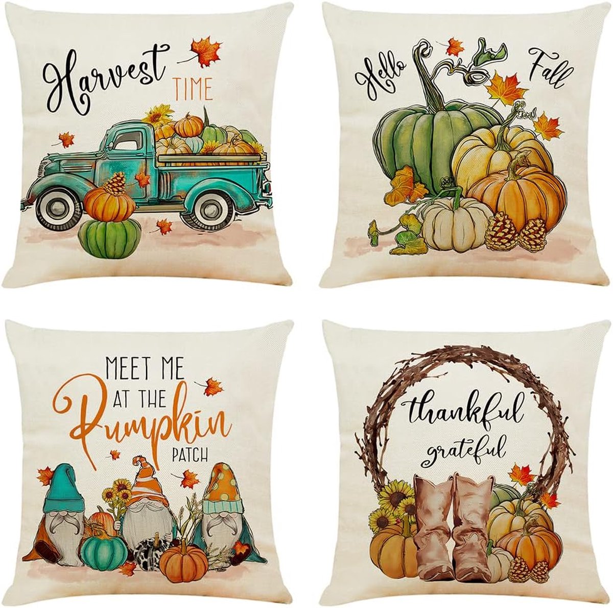 kussensloop 40 x 40 cm, set van 4 oranje esdoornblad, decoratief kussen, kussenhoes, geel, pompoen, sierkussen, natuur, landhuisstijl, linnen, sofakussen, kussenslopen voor bank en woonkamer