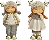 Koppel schattige Winterkinderen in poly goud - 7x14x4cm - set van 2