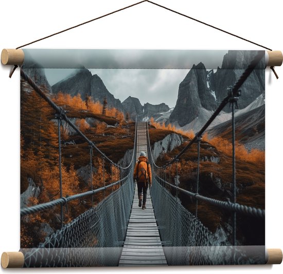Textielposter - Bergen - Man - Brug - Backpacken - Bomen - 40x30 cm Foto op Textiel