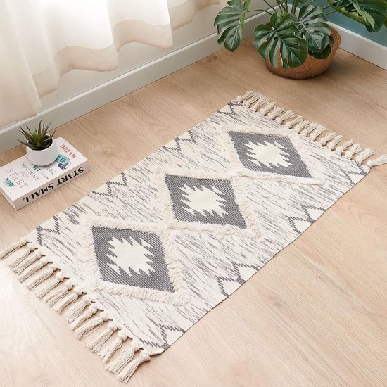 Boho Runner Boho Keukentapijt Badkamer Boerderij Runner Getuft Marokkaans Katoen Geometrische Gootsteenloper met Kwastjes Wasbaar (Grijs, 60x130cm)