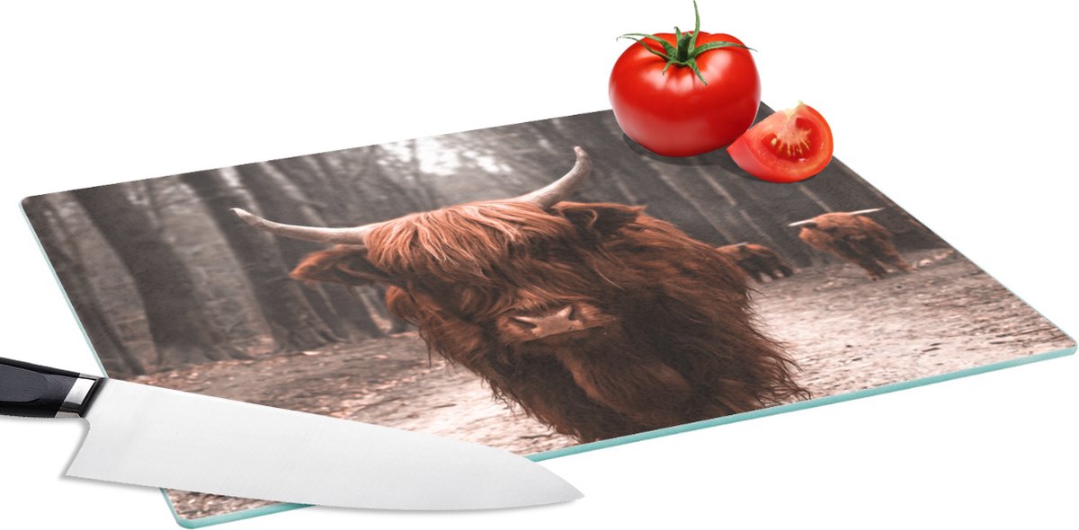 Glazen Snijplank - 39x28 - Schotse hooglander - Bos - Koe - Dieren - Natuur - Snijplanken Glas