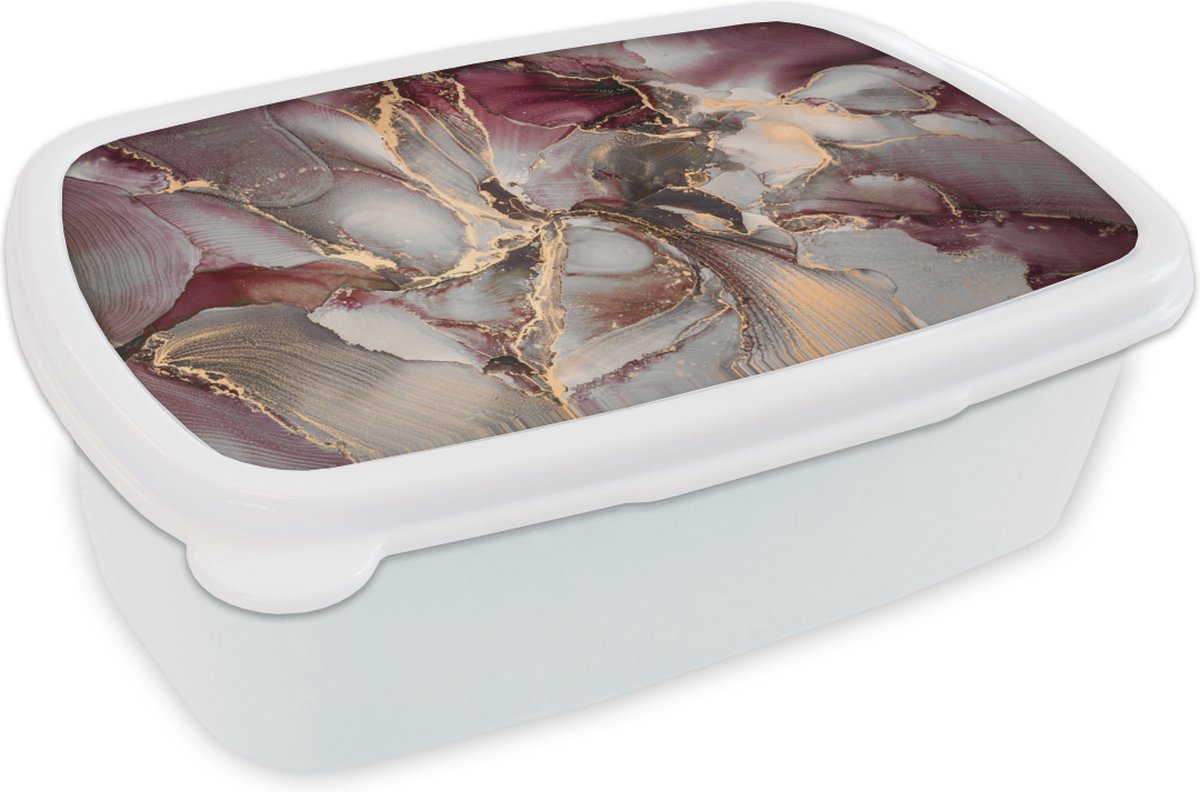 Broodtrommel Wit - Lunchbox - Brooddoos - Goud - Marmer - Paars - 18x12x6 cm - Volwassenen
