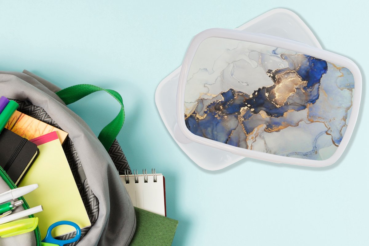 Broodtrommel Wit - Lunchbox - Brooddoos - Marmer - Blauw - Goud - 18x12x6 cm - Volwassenen