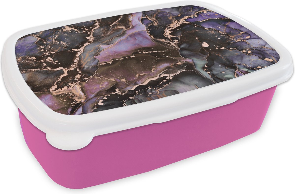 Broodtrommel Roze - Lunchbox - Brooddoos - Marmer - Goud - Roze - 18x12x6 cm - Kinderen - Meisje