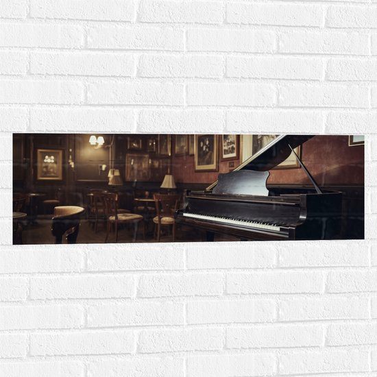 Muursticker - Cafe - Tafels - Stoelen - Hout - Piano - Muziek - 90x30 cm Foto op Muursticker