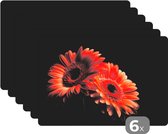 Placemat - Placemats kunststof - Bloemen - Botanisch - Gerbera - Oranje - Zwart - 45x30 cm - 6 stuks - Hittebestendig - Anti-Slip - Onderlegger - Afneembaar