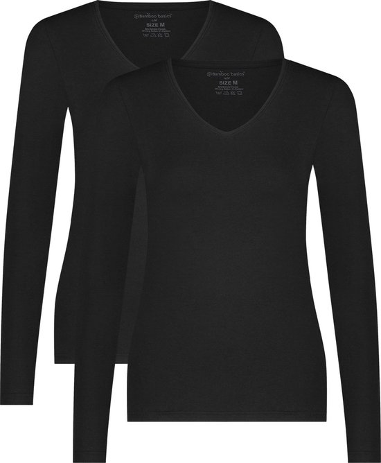 Comfortabel & Zijdezacht Bamboo Basics Liv - Bamboe T-Shirts V-Hals (Multipack 2 stuks) Dames - Lange Mouwen - Zwart - XL