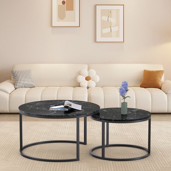 Luxaliving - Moderne Salontafel Marmer - Set van 2 - Marmer-Metaal - Salontafel Set - Bijzettafel - Koffietafel - Zwart/ Zwart - 80 en 60 cm