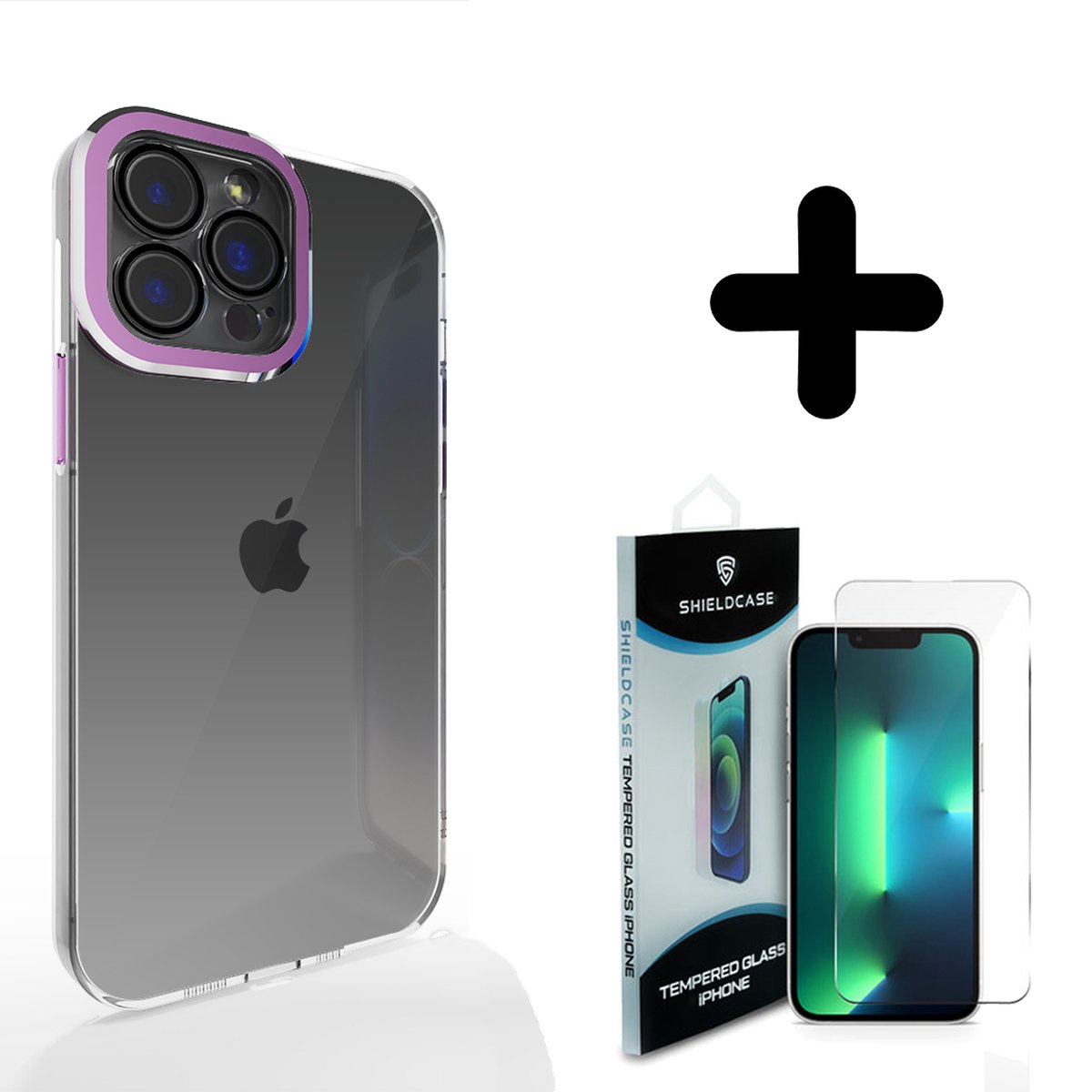 Coverzs geschikt voor iPhone 14 Plus hoesje transparant camera cover (paars) + ShieldCase screenprotector - beschermglas iPhone bescherming - iPhone case bescherm hoesje + Screenprotector