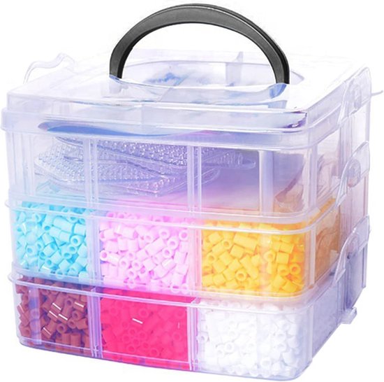 Boîte de rangement, 3 étages, boîte de tri, boîte de rangement en plastique avec poignée de transport, boîte de tri jusqu'à 18 compartiments réglables, pour ranger accessoires de couture, petites pièces, perles à repasser, bijoux