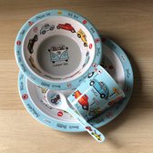 Set vaisselle enfant Voitures mélamine (assiette + bol + tasse + cuillère) - Set vaisselle plastique Tyrrell Katz gris - Kalas