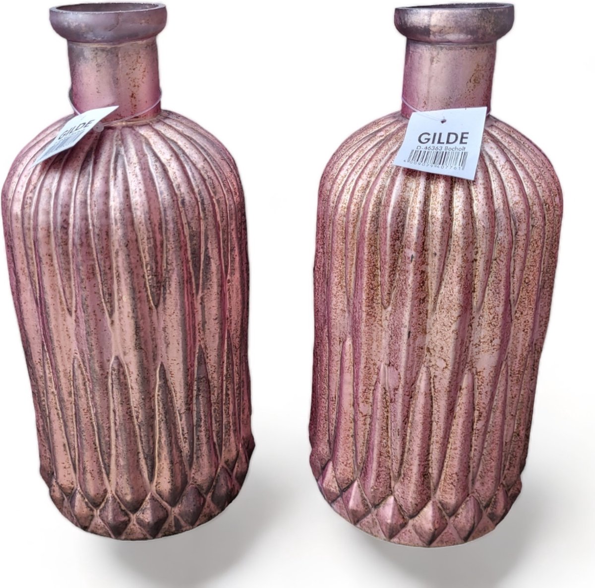 Gilde Art Collection Set 2x Glas Vaas Paars Roze Modern Brocant 23 cm hoog