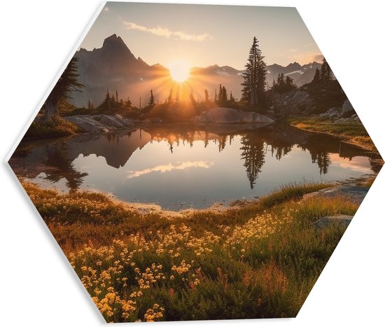 PVC Schuimplaat Hexagon - Bergen - Bloemen - Planten - Meer - Water - Zonsondergang - 40x34.8 cm Foto op Hexagon (Met Ophangsysteem)