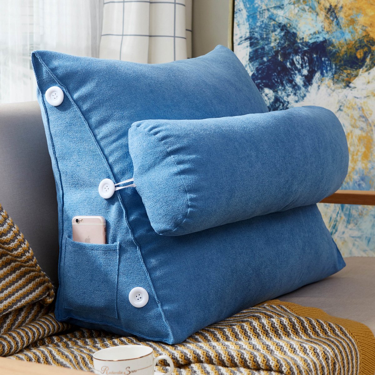 Coussin pour canapé-lit, tête de lit, dossier de lecture, coussins  rembourrés double tatami, coussins longs (bleu, 78)