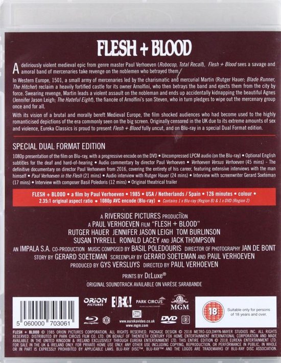 Achterkant Blu-ray hoes van Flesh+Blood met film beschrijving en specificaties.