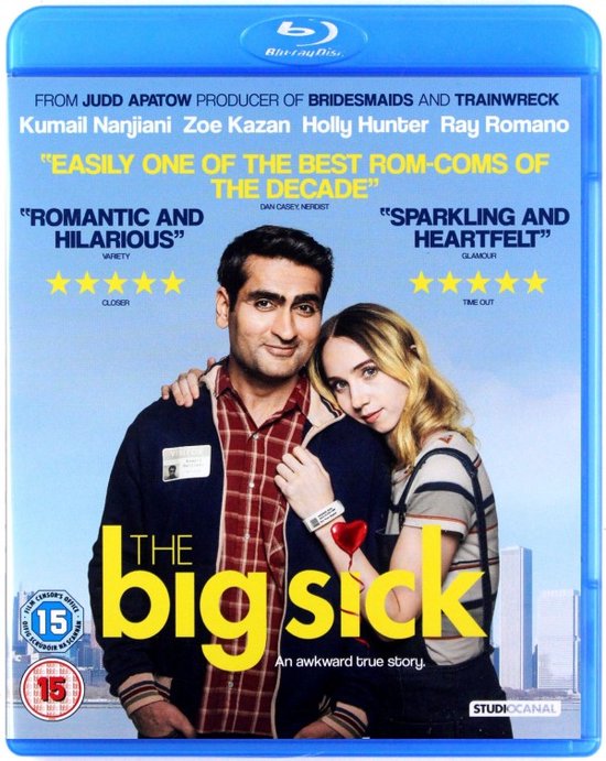 Voorgrond van de Blu-ray hoes van The Big Sick met een man en een vrouw die naar de camera kijken.