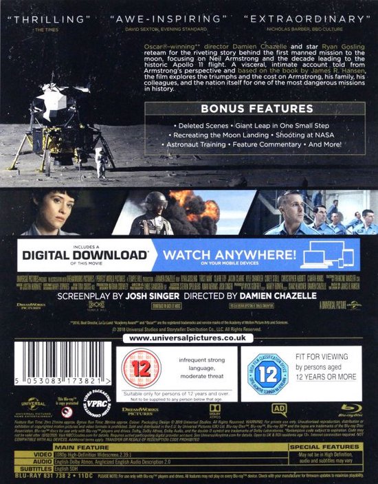 Achterkant van de Blu-ray hoes: Neil Armstrong op de maan, acteurs, bonus features, leeftijdsclassificatie.