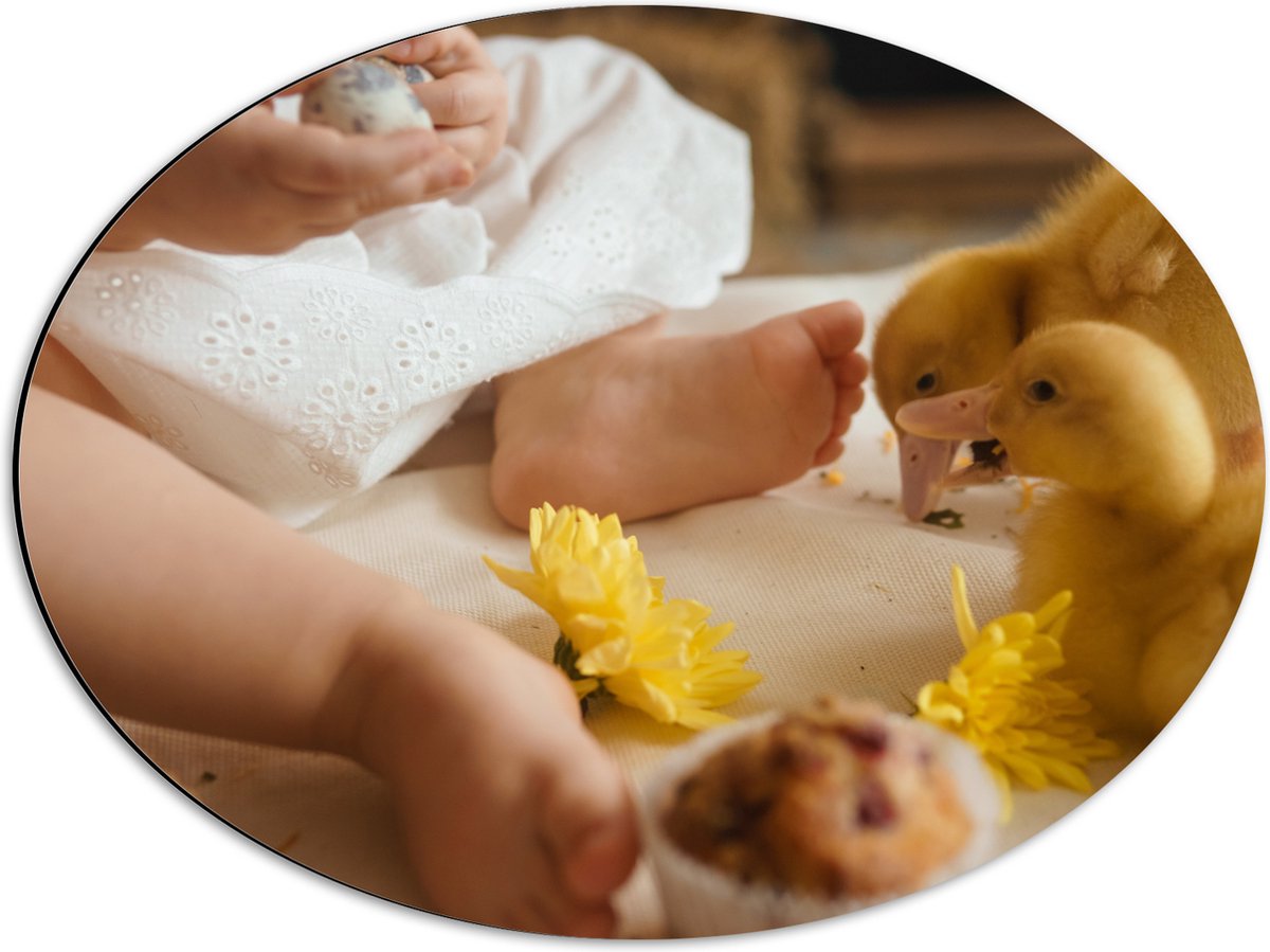 Dibond Ovaal - Baby - Voetjes - Jurkje - Bloemen - Cakejes - Dieren - Eendjes - 56x42 cm Foto op Ovaal (Met Ophangsysteem)