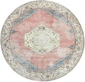 Tapis d'intérieur style Vintage utilisé en rouge et Blauw 120x120 cm - Rond - Poils courts - Lavable - Sous-couche en coton - Style oriental - Tapis ZEN par The Carpet