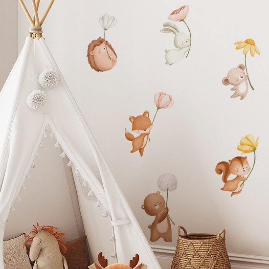 Muursticker Egel - Konijn - Beer - Vos - Eekhoorn - Beer | Bloemen| Aquarel | Kinderkamer | Jongens - meisjes | Verwijderbaar - zelfklevend plakfolie | Huis inrichting | Stickerkamer®