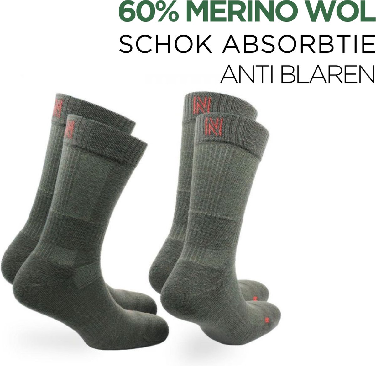 Norfolk - 2 Paar - 60% Merino Wol Sokken - Anti Blaren Wandelsokken met Schok Absorptie - Wollen Sokken - Warme sokken - Groen - Maat 43-46 - Leonardo