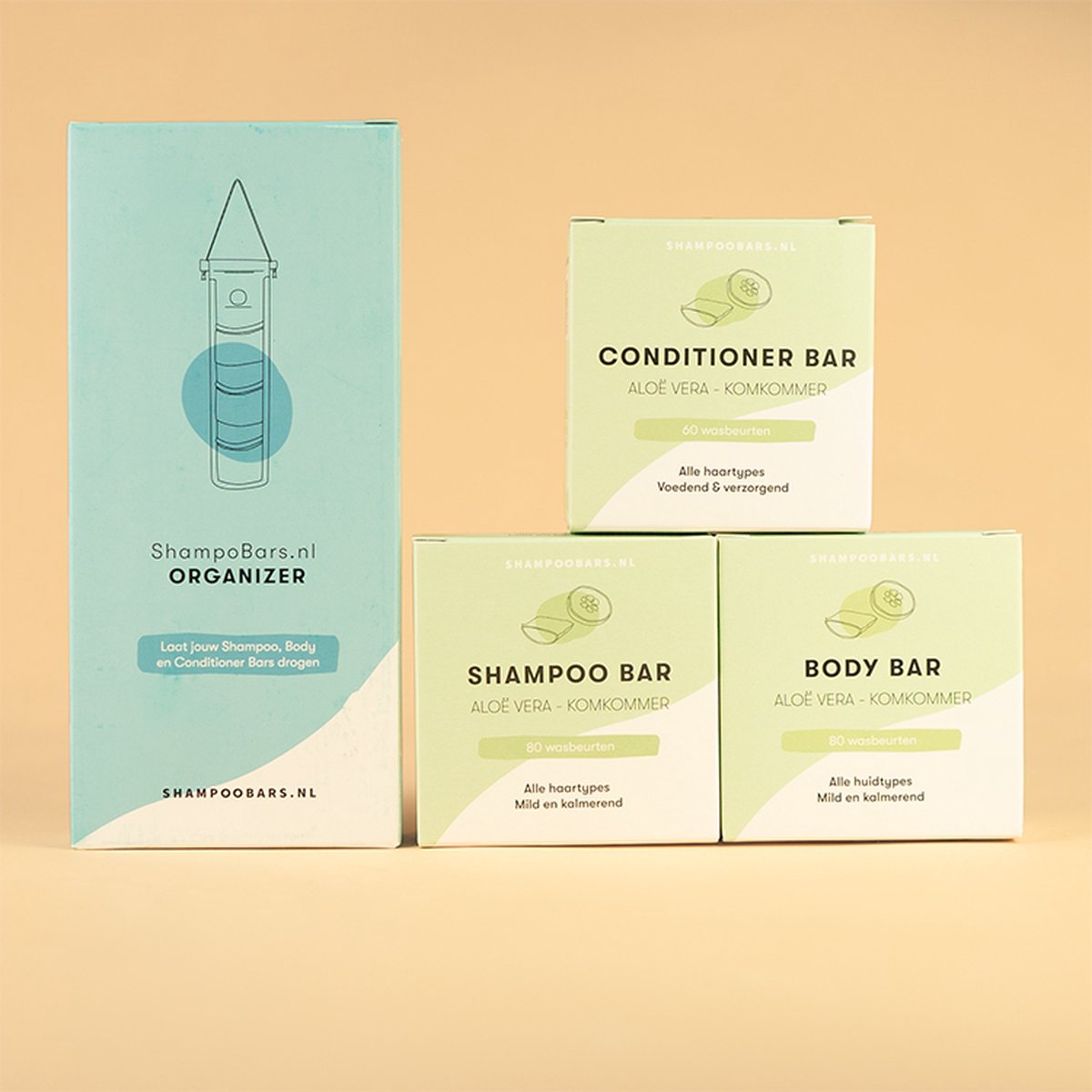Shampoo, Body & Conditioner Bar Aloe Vera Komkommer+ Bar Organizer | Handgemaakt in Nederland | 80 wasbeurten | Plasticvrij | Dierproefvrij | Vegan | 100% biologisch afbreekbare verpakking