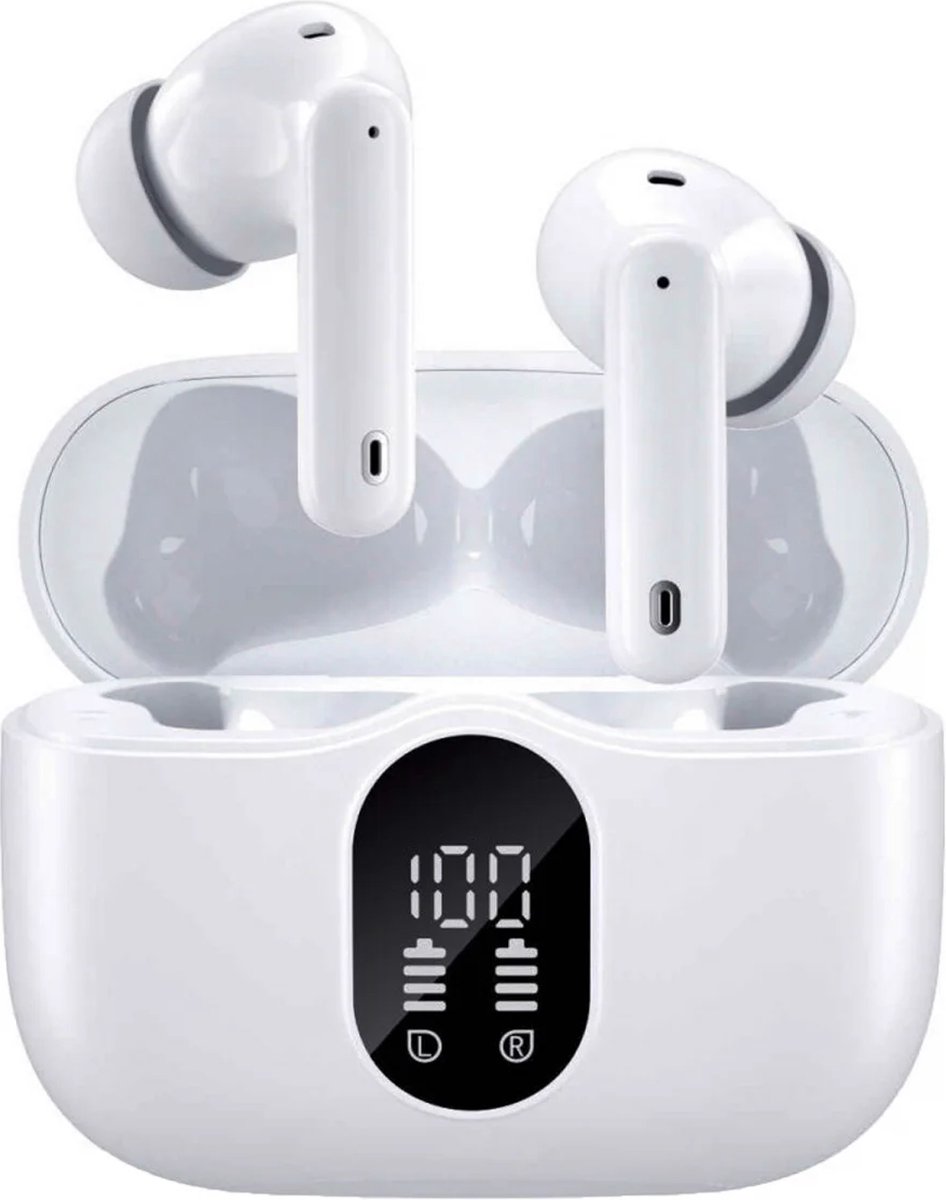 SBG Draadloze Oordopjes - Headset - Bluetooth - Earbuds oplaadcase met Display - Active Noice Cancellation - Met Microfoon - Extra dopjes - Wit