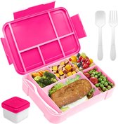Lunchbox, 1300 ml, lekvrij, broodtrommel voor kinderen met 5 vakken en bestekset, BPA-vrije lunchbox, broodtrommel voor kinderen en volwassenen, voor magnetron, vaatwasser (roze)