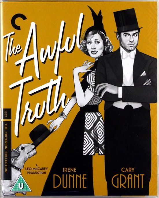 Een poster voor 'The Awful Truth' met Cary Grant en Irene Dunne in 1937-stijl kleding, met een hond.
